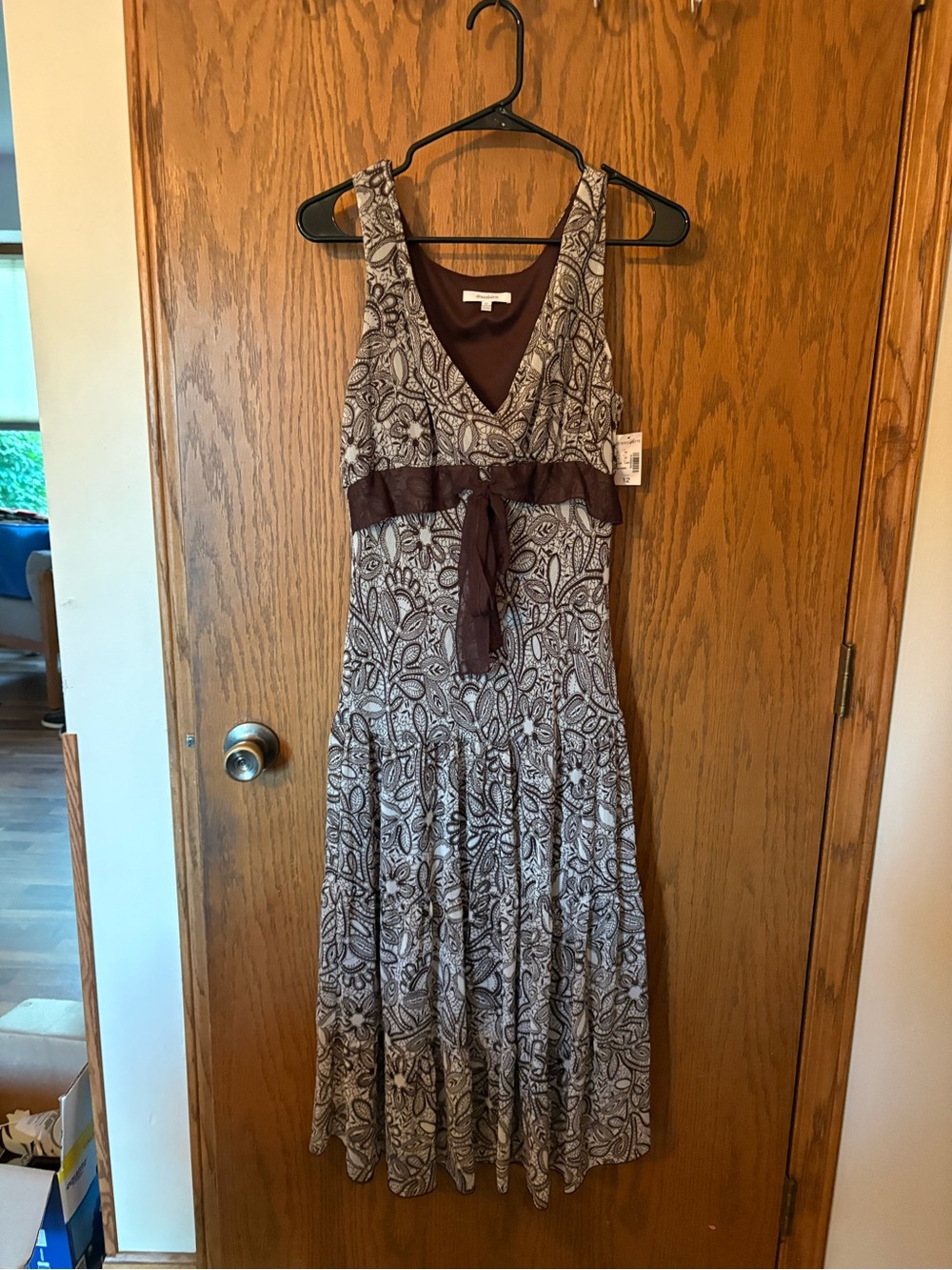New Dress Barn Brown and Ivory Paisley Maxi Dress with Waist Tie